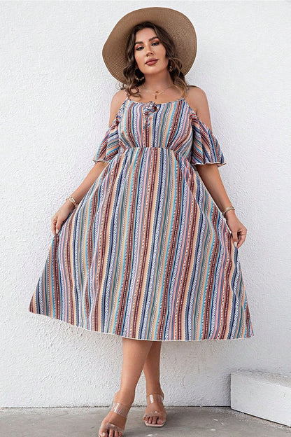 Plus Size Striped Cold-Shoulder Dress - Premium Dresses from Trendsi - Just $45.99! Shop now at Handbags Specialist Headquarter