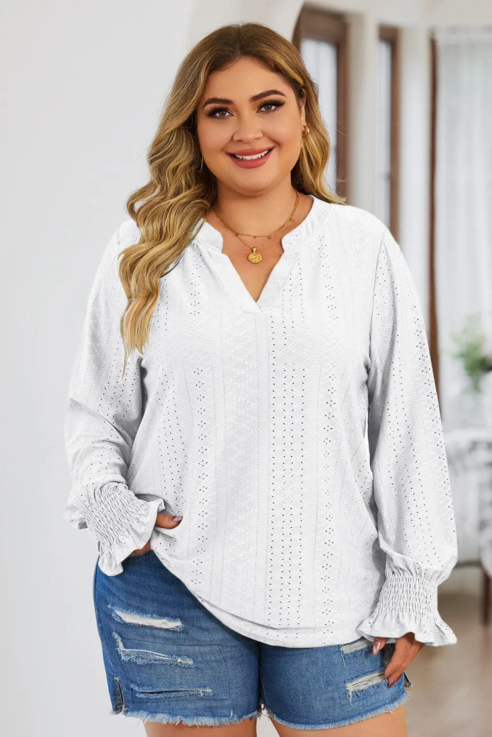 Plus Size Eyelet Notched Flounce Sleeve Blouse - Premium Plus Size Shirts from Trendsi - Just $27! Shop now at Handbags Specialist Headquarter