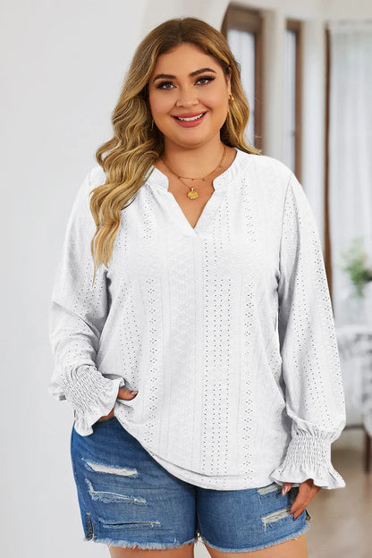 Plus Size Eyelet Notched Flounce Sleeve Blouse - Premium Plus Size Shirts from Trendsi - Just $27! Shop now at Handbags Specialist Headquarter