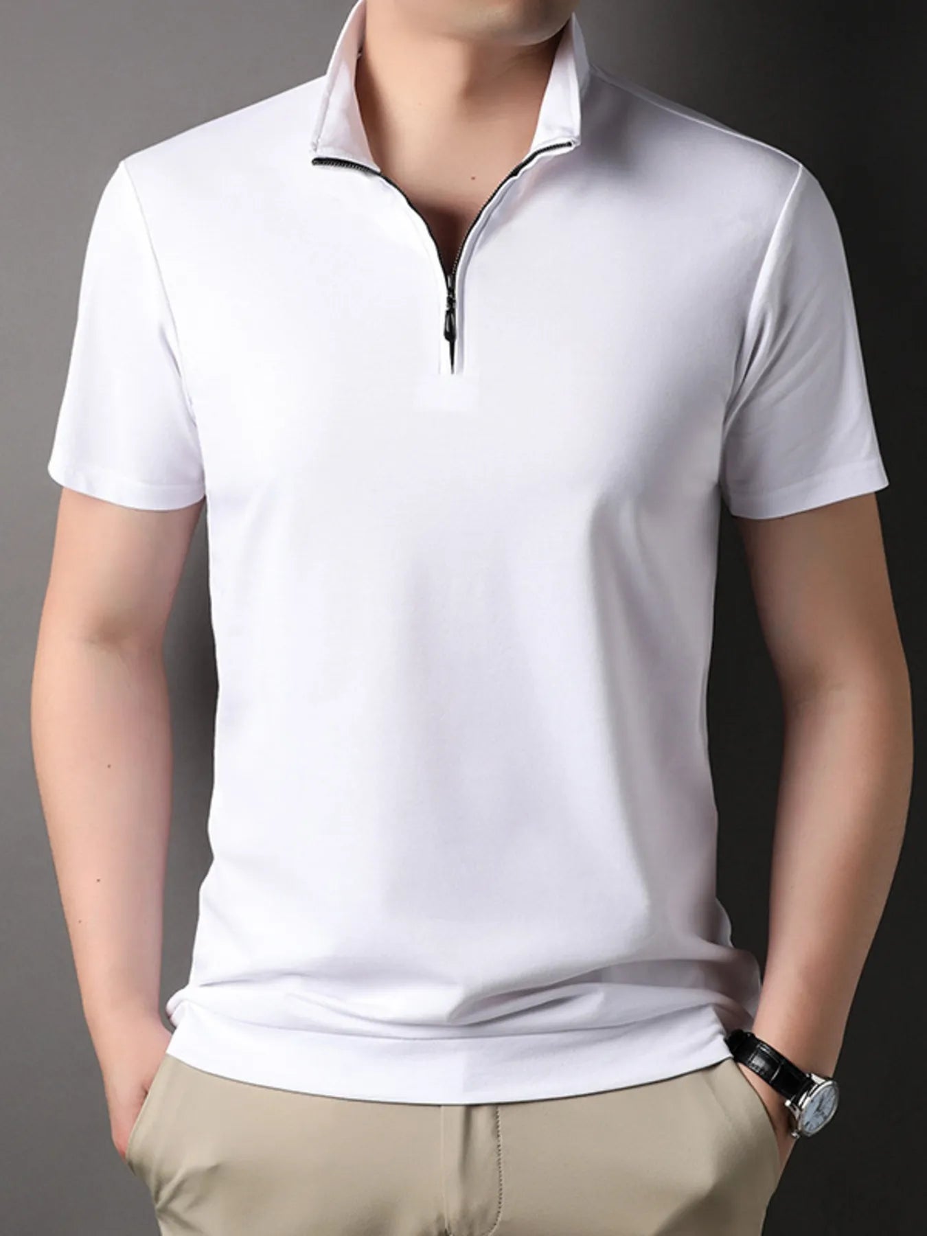 Men's Plus Size Zip Collar Short Sleeve Polo Shirt - Premium Men's Polo shirt from Trendsi - Just $46.99! Shop now at Handbags Specialist Headquarter