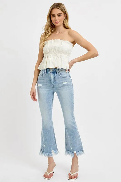 RISEN Full Size Raw Hem Distressed Cropped Flare Jeans Plus Size - Premium Women / Jeans & Denim from Trendsi - Just $53.99! Shop now at Handbags Specialist Headquarter