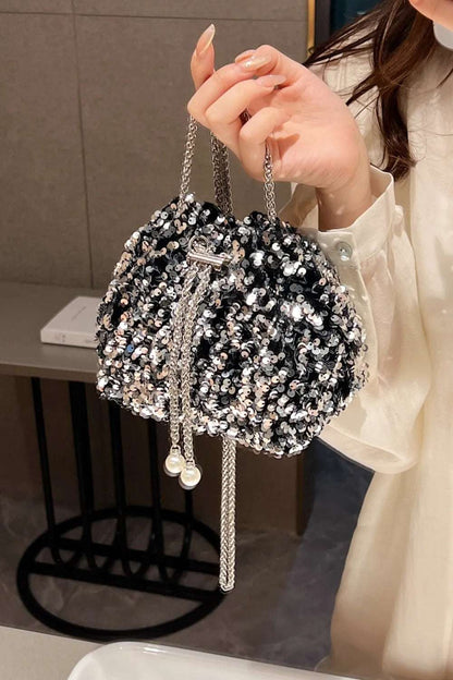 Sequin Chain Drawstring Bucket Bag - Premium Crossbody Bag from Trendsi - Just $21.99! Shop now at Handbags Specialist Headquarter