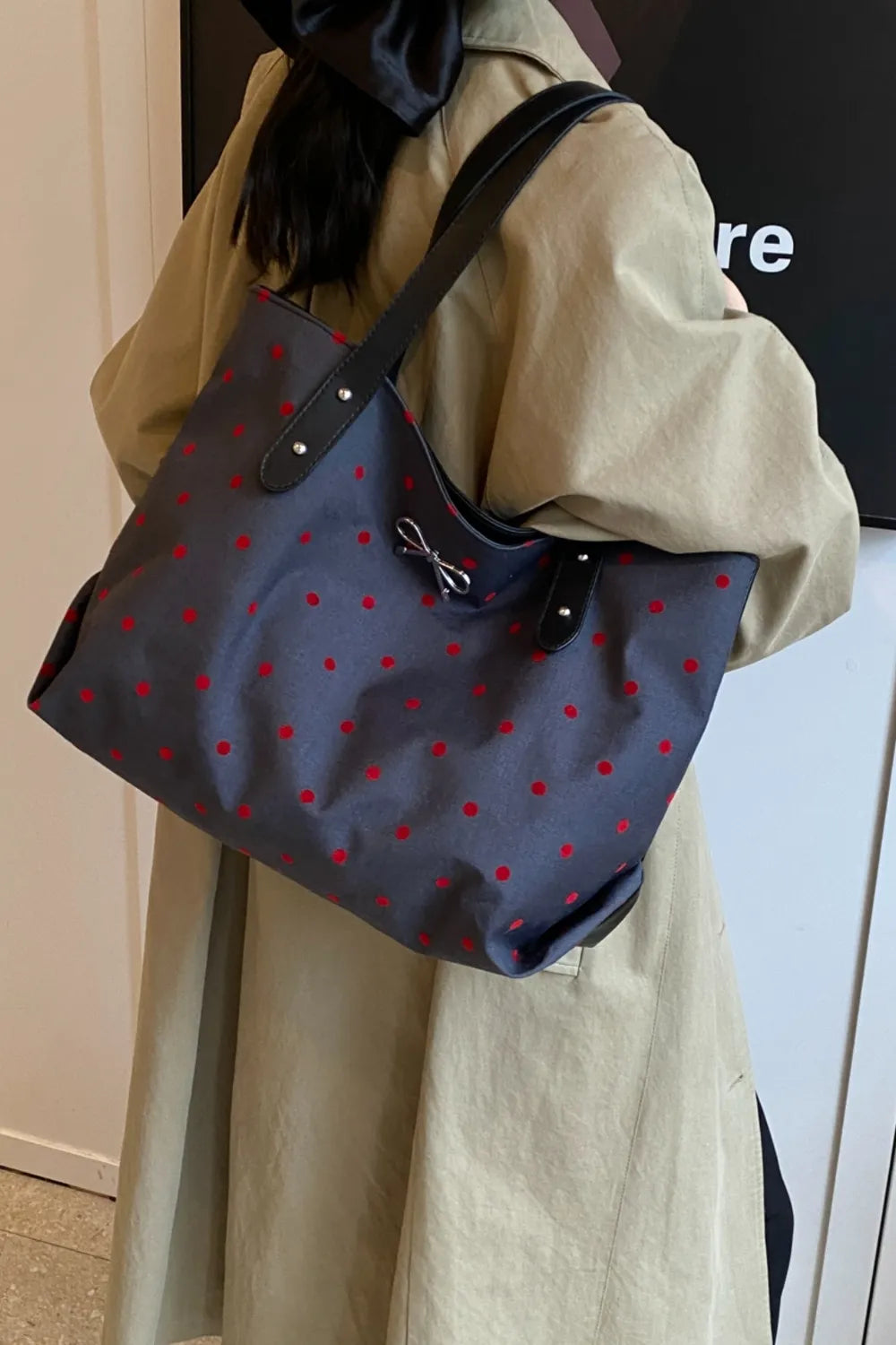 Polyester Bow Polka Dot Tote Bag - Premium Tote Bag from Trendsi - Just $39.99! Shop now at Handbags Specialist Headquarter