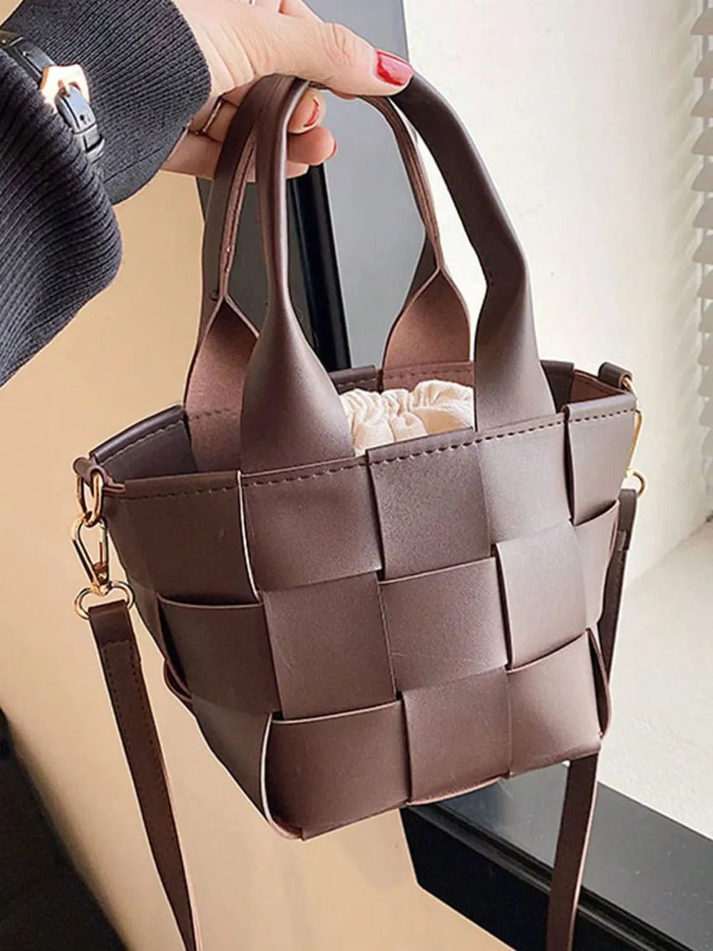 PU Leather Braided Bucket Bag - Premium Tote Bag from Trendsi - Just $33.99! Shop now at Handbags Specialist Headquarter