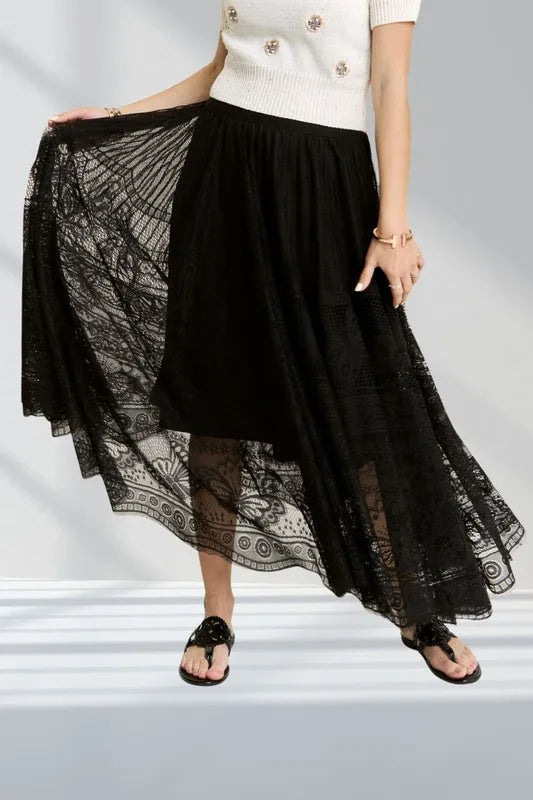 ADORA Elastic Waist Raw Hem Lace Maxi Skirt - Premium Skirts from Trendsi - Just $36.99! Shop now at Handbags Specialist Headquarter