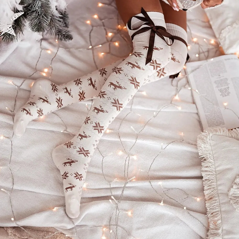Christmas Element Bowknot Ribbed Trim Over Knee Stockings - Premium Sleepwear from Trendsi - Just $28.99! Shop now at Handbags Specialist Headquarter