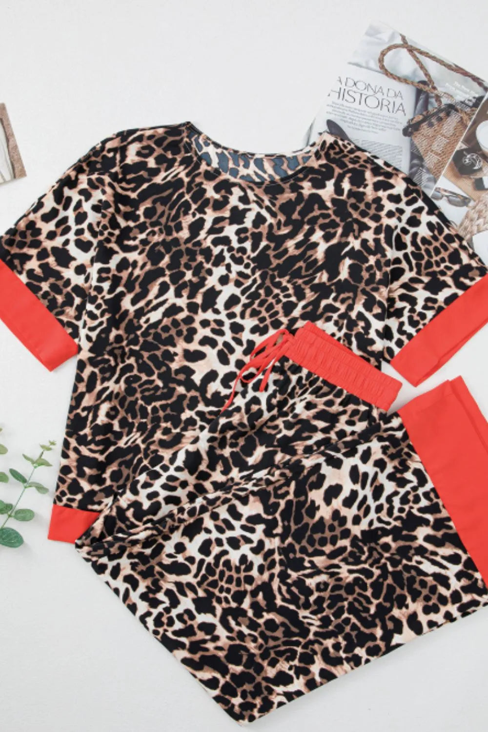 Contrast Trim Leopard Round Neck Top and Pants Lounge Set - Premium Sleepwear from Trendsi - Just $53.99! Shop now at Handbags Specialist Headquarter