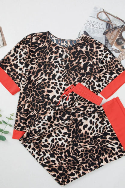 Contrast Trim Leopard Round Neck Top and Pants Lounge Set - Premium Sleepwear from Trendsi - Just $53.99! Shop now at Handbags Specialist Headquarter