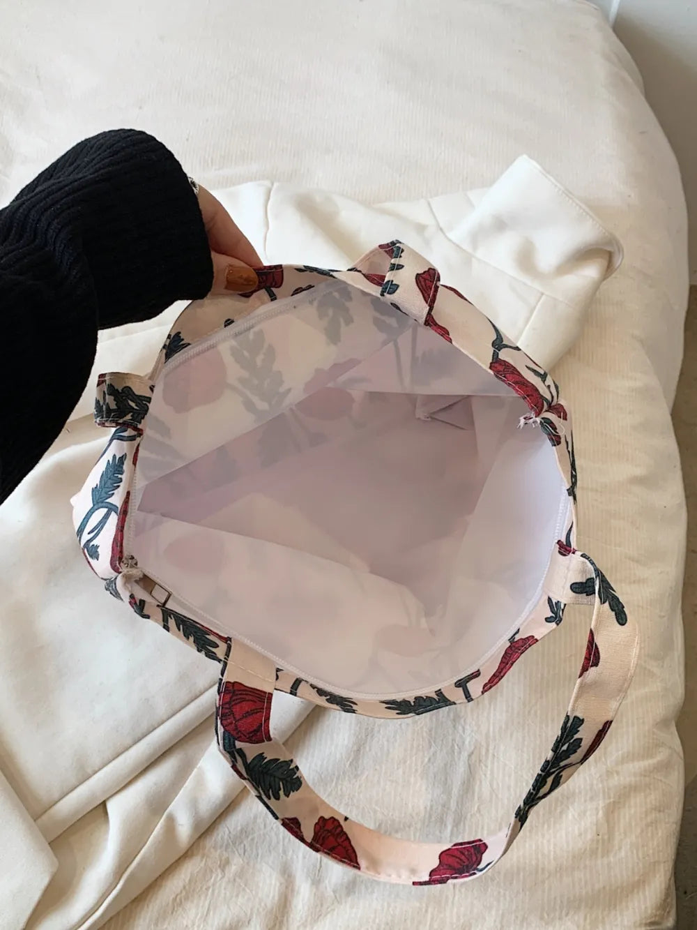 Printed Canvas Handbag with Zipper - Premium Handbags from Trendsi - Just $21.99! Shop now at Handbags Specialist Headquarter