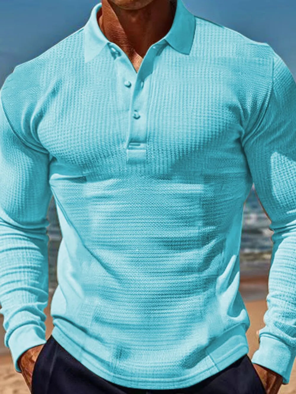 Men's Full Size Waffle-Knit Quarter Button Polo Plus Size - Premium Men's Polo shirt from Trendsi - Just $30.99! Shop now at Handbags Specialist Headquarter