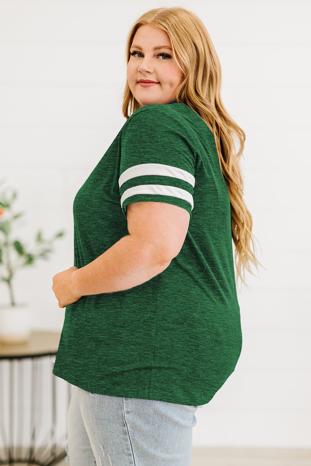 Plus Size Striped V-Neck Tee Shirt - Premium Plus Size Shirts from Trendsi - Just $26! Shop now at Handbags Specialist Headquarter