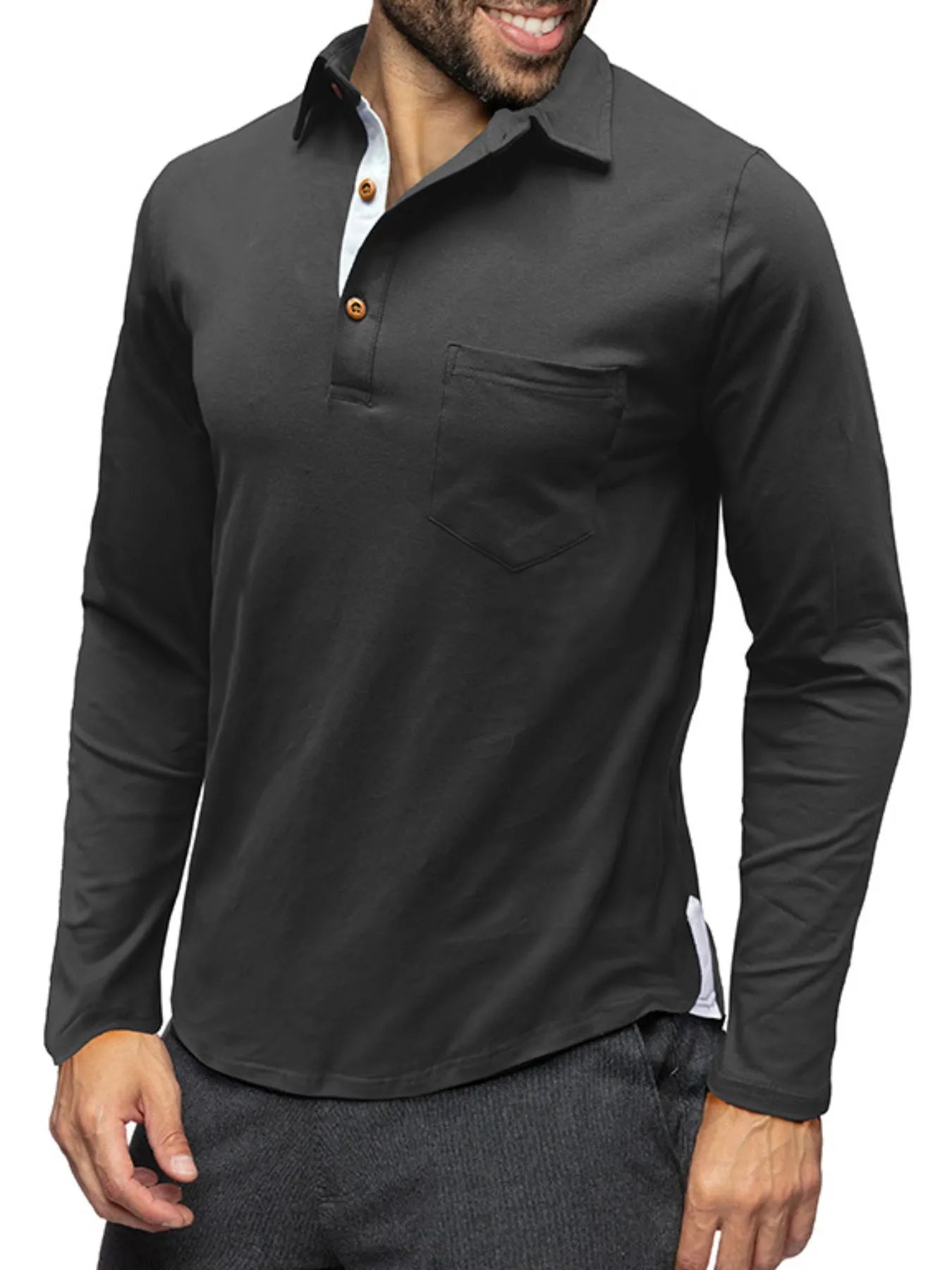 Men's Long Sleeve Polo Shirt with Chest Pocket - Premium Men's Polo shirt from Trendsi - Just $45.04! Shop now at Handbags Specialist Headquarter