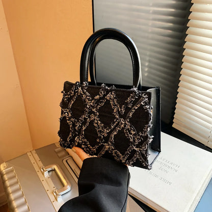 Diamond Pattern Fringe Edge Tote Bag - Premium Tote Bag from Trendsi - Just $39.99! Shop now at Handbags Specialist Headquarter