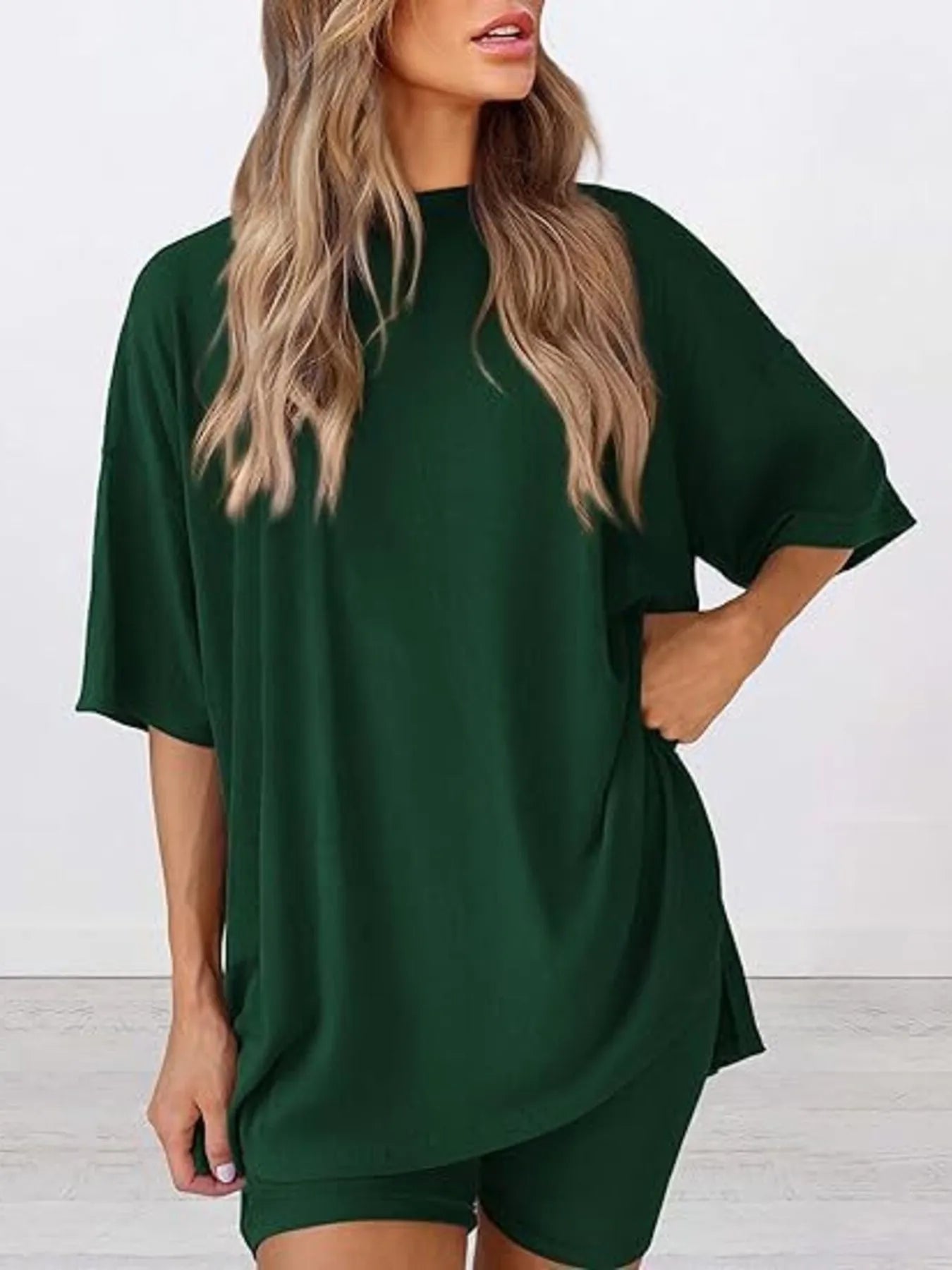 Full Size Oversized Slit Round Neck Top and Shorts Lounge Set Plus Size - Premium Sleepwear from Trendsi - Just $28.99! Shop now at Handbags Specialist Headquarter