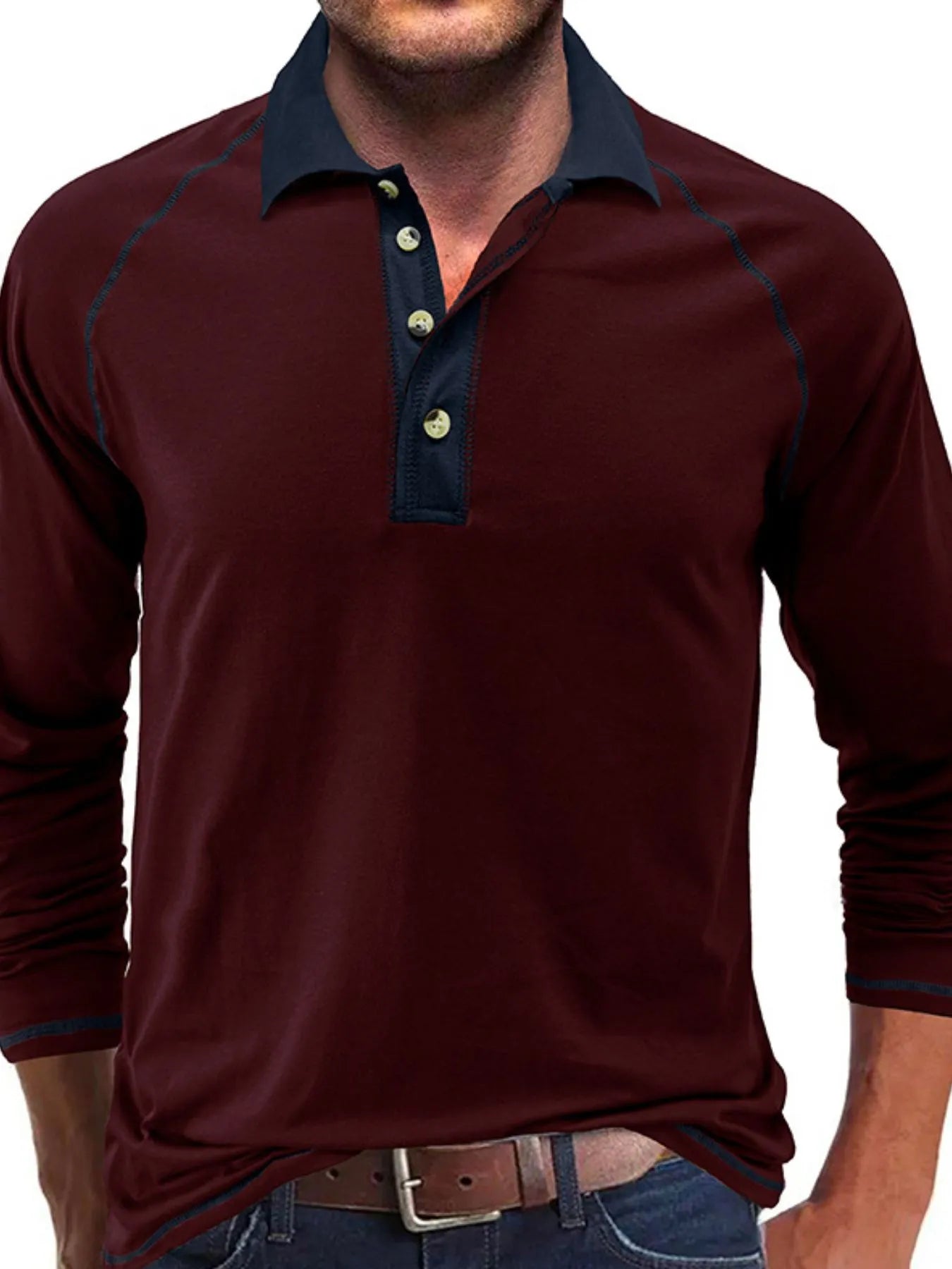 Men's Contrast Collar Long Sleeve Polo Shirt - Premium Men's Polo shirt from Trendsi - Just $41.96! Shop now at Handbags Specialist Headquarter