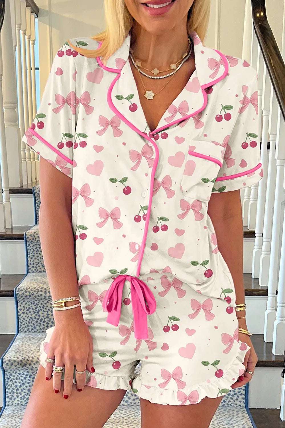 Printed Button Up Short Sleeve Top and Shorts Lounge Set - Premium Sleepwear from Trendsi - Just $48.99! Shop now at Handbags Specialist Headquarter