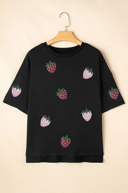 Sequin Strawberry High Low Half Sleeve Relaxed Fit T-Shirt - Premium Tops from Trendsi - Just $36.36! Shop now at Handbags Specialist Headquarter