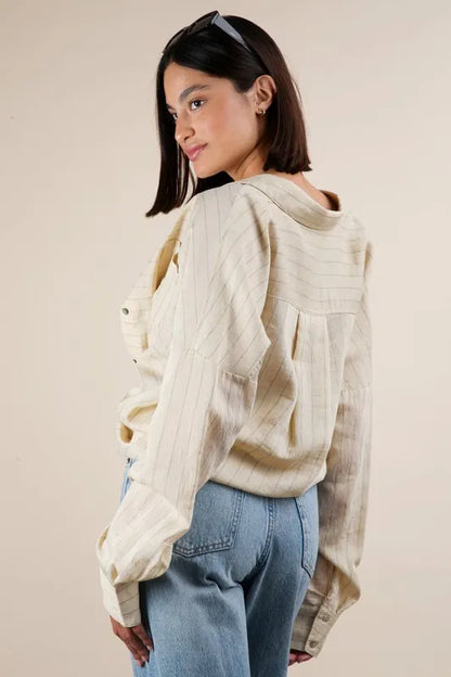 VERY J Full Size Oversized Striped Button Down Shirt Top Plus Size - Premium Women's Down Shirt Tops from Trendsi - Just $38.88! Shop now at Handbags Specialist Headquarter