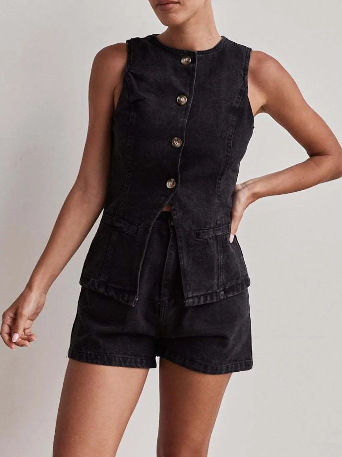 Button Down Vest and Shorts Denim Set - Premium Women / Jeans & Denim from Trendsi - Just $65.12! Shop now at Handbags Specialist Headquarter