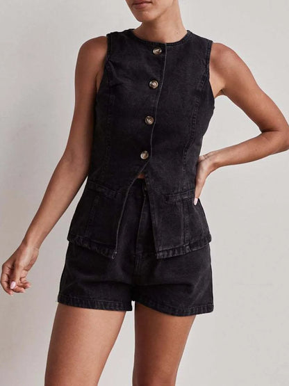 Button Down Vest and Shorts Denim Set - Premium Women / Jeans & Denim from Trendsi - Just $65.12! Shop now at Handbags Specialist Headquarter