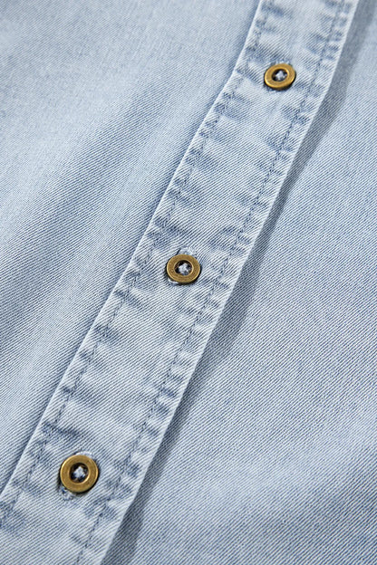 Ruffle Short Puff Sleeve Button Down Denim Shirt - Premium Women / Jeans & Denim from Trendsi - Just $47.50! Shop now at Handbags Specialist Headquarter