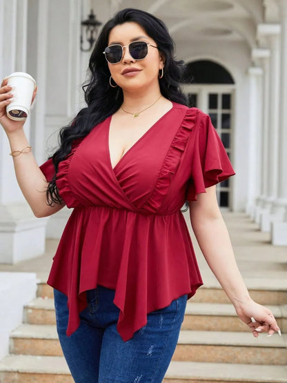 Plus Size Frill Surplice Flutter Sleeve Blouse - Premium Plus Size Shirts from Trendsi - Just $21! Shop now at Handbags Specialist Headquarter