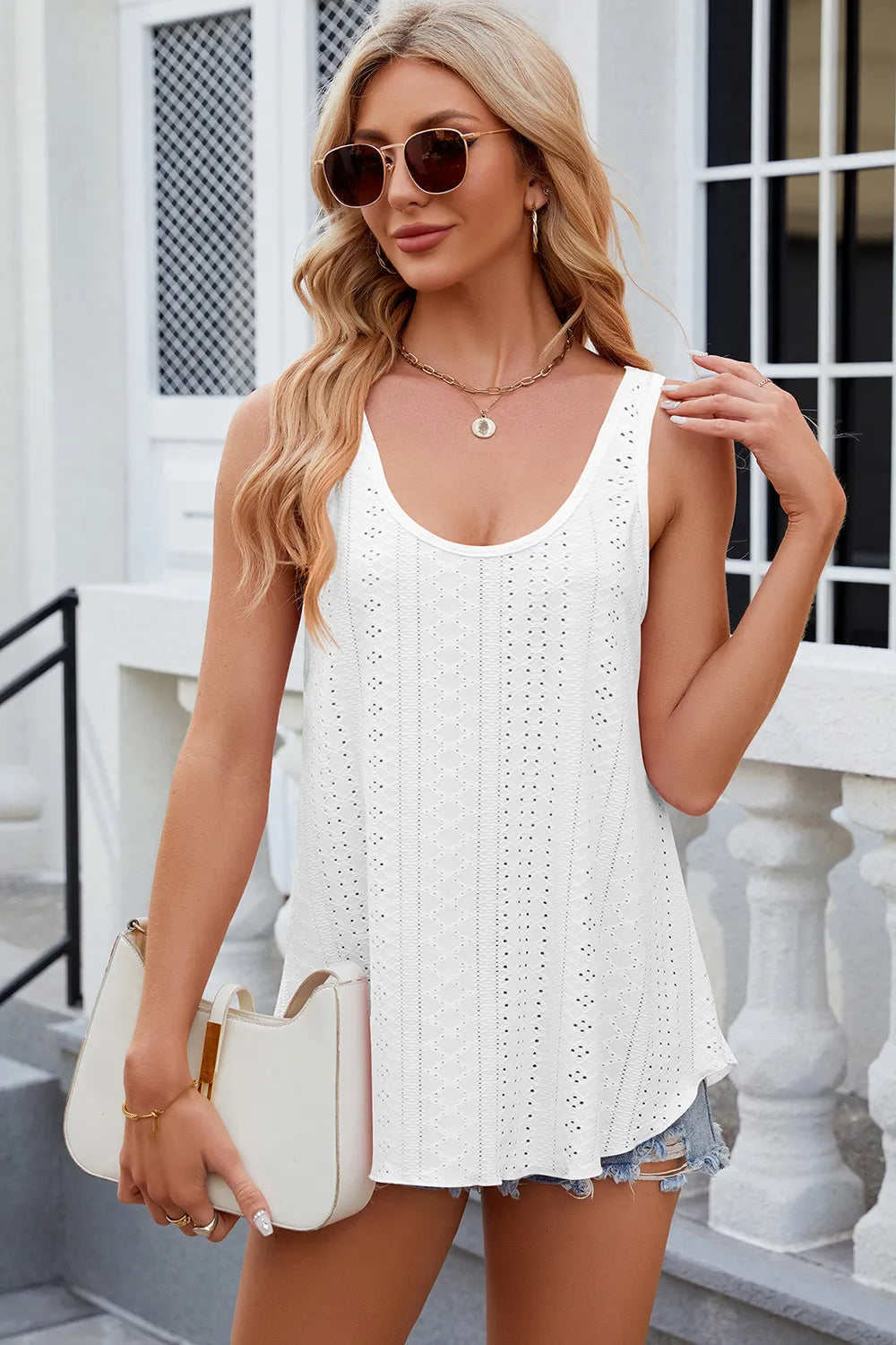 Florira Eyelet Round Neck Tank - Premium Tops from Trendsi - Just $18.22! Shop now at Handbags Specialist Headquarter