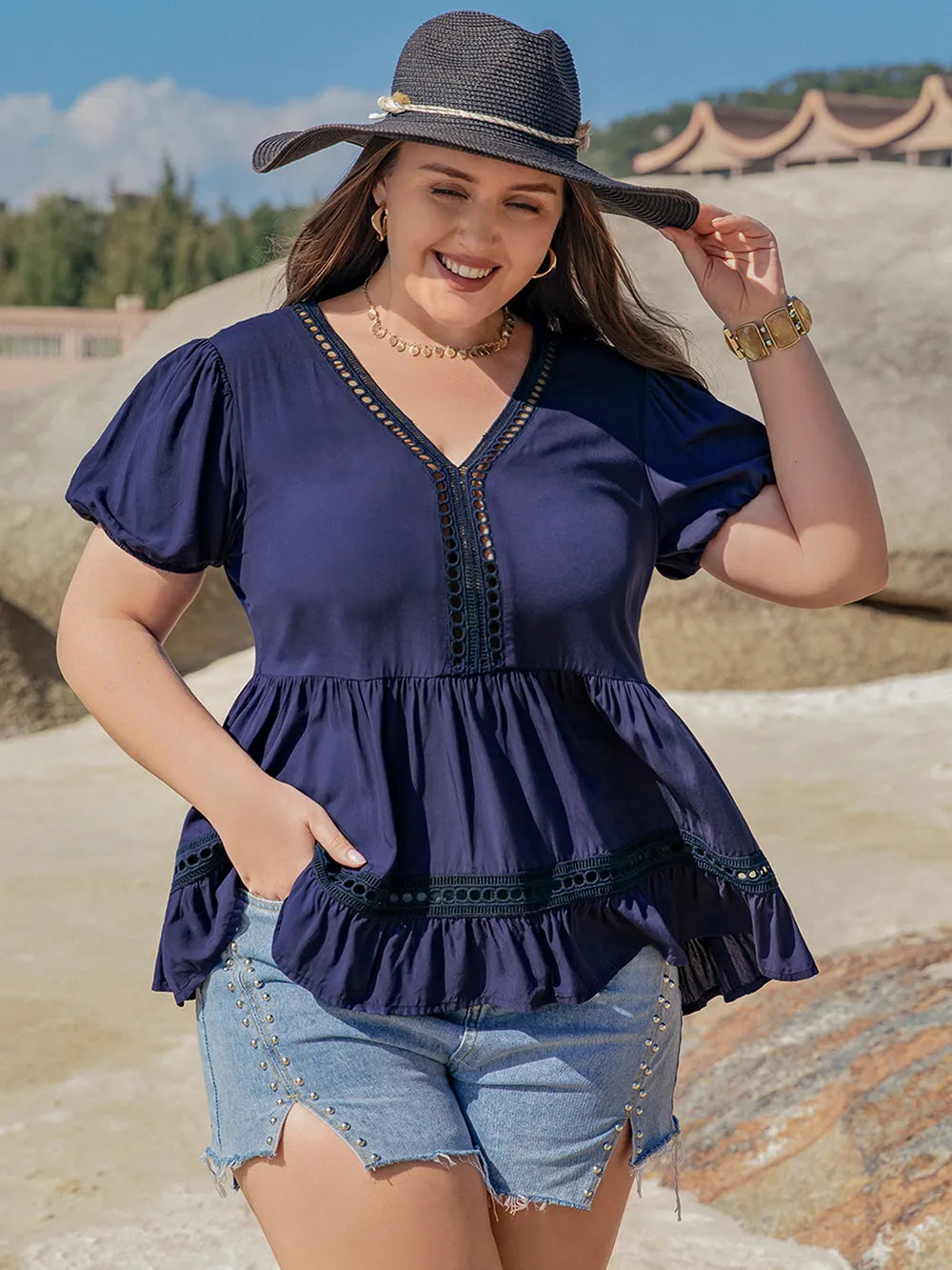 Plus Size Peplum V-Neck Short Sleeve Blouse - Premium Plus Size Shirts from Trendsi - Just $24.02! Shop now at Handbags Specialist Headquarter