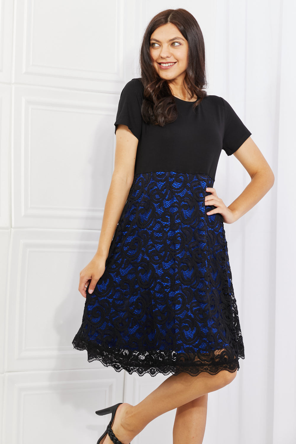 Yelete Full Size Contrasting Lace Midi Dress - Premium Dresses from Trendsi - Just $27.99! Shop now at Handbags Specialist Headquarter