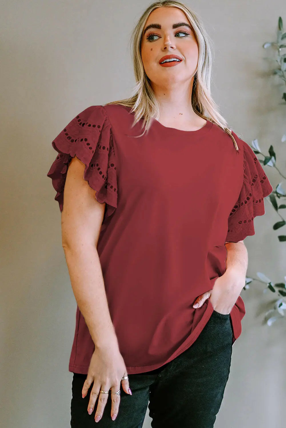 Plus Size Eyelet Round Neck Short Sleeve Blouse.