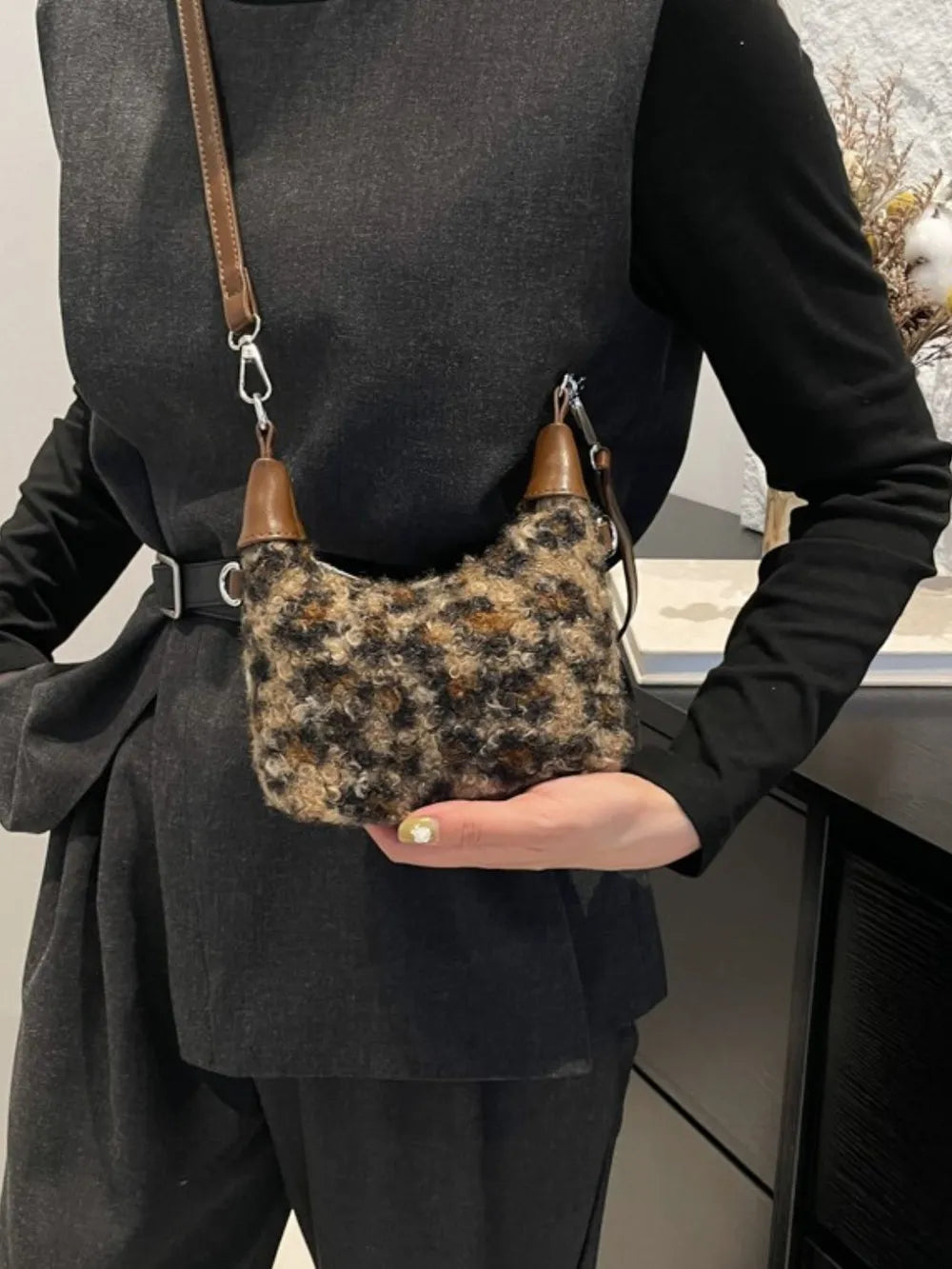 Fuzzy Polyester Mini Handbag with Zipper - Premium Tote Bag from Trendsi - Just $39.99! Shop now at Handbags Specialist Headquarter