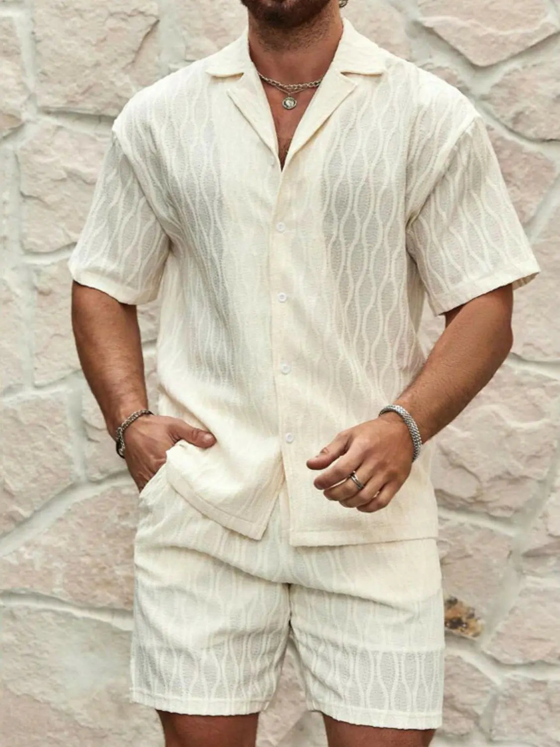 Men's Plus Size Collared Neck Short Sleeve Top and Shorts Set.