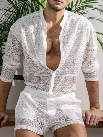 Men's Full Size Lace Button Down Top and Shorts Set Plus Size.