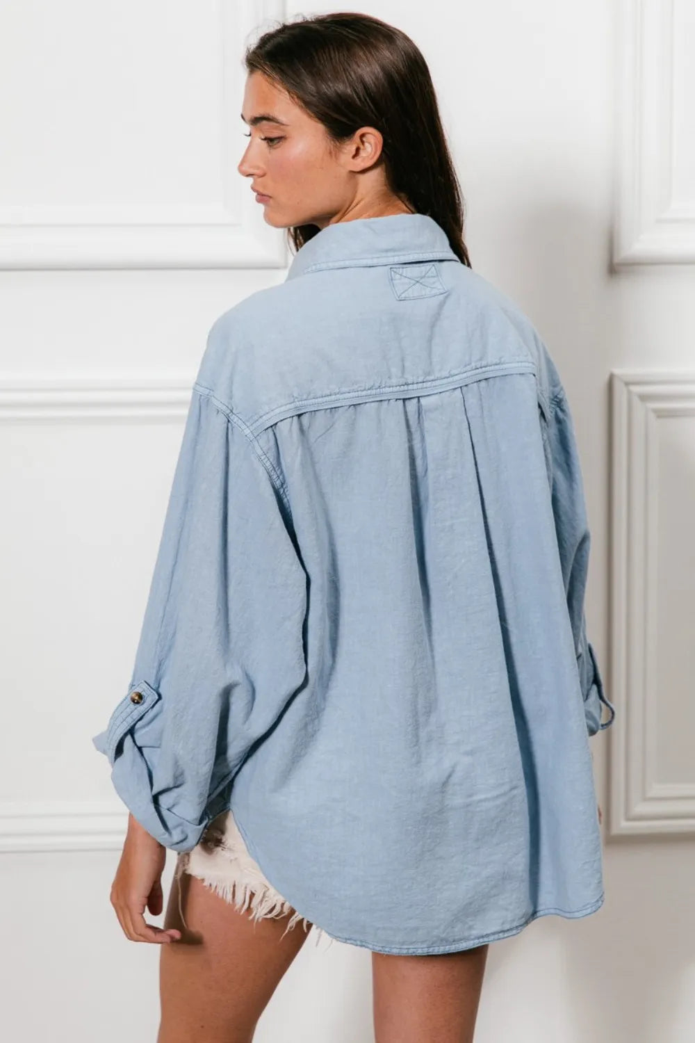 BiBi Button Down Stitch Detail Shirt with Chest Pockets - Premium Women / Jeans & Denim from Trendsi - Just $59.30! Shop now at Handbags Specialist Headquarter