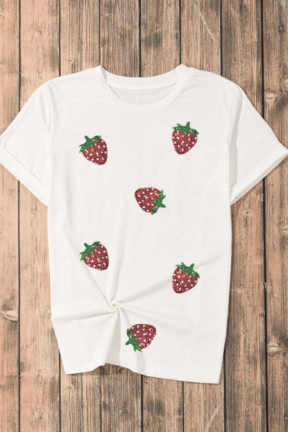 Sequin Strawberry Crew Neck Short Sleeve T Shirt - Premium Tops from Trendsi - Just $27.42! Shop now at Handbags Specialist Headquarter