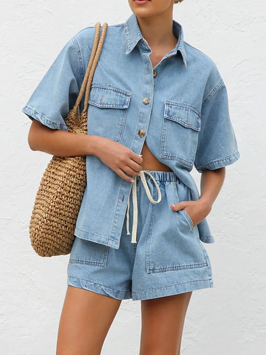 Button Up Short Sleeve Top and Shorts Denim Set - Premium Women / Jeans & Denim from Trendsi - Just $66.70! Shop now at Handbags Specialist Headquarter
