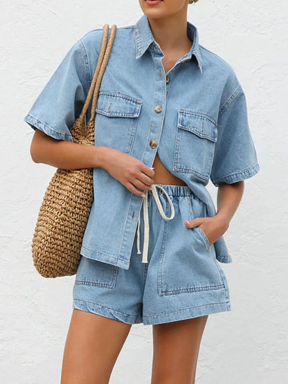 Button Up Short Sleeve Top and Shorts Denim Set - Premium Women / Jeans & Denim from Trendsi - Just $66.70! Shop now at Handbags Specialist Headquarter