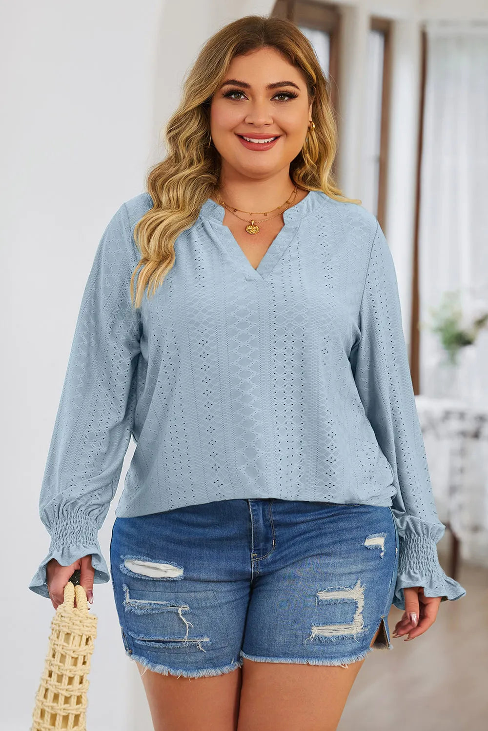 Plus Size Eyelet Notched Flounce Sleeve Blouse - Premium Plus Size Shirts from Trendsi - Just $27! Shop now at Handbags Specialist Headquarter