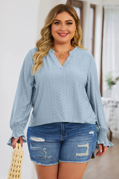Plus Size Eyelet Notched Flounce Sleeve Blouse - Premium Plus Size Shirts from Trendsi - Just $27! Shop now at Handbags Specialist Headquarter