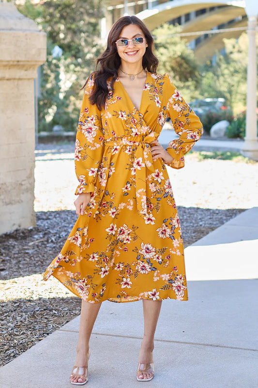 Double Take Full Size Floral Tie Back Flounce Sleeve Dress - Premium Dresses from Trendsi - Just $20.99! Shop now at Handbags Specialist Headquarter