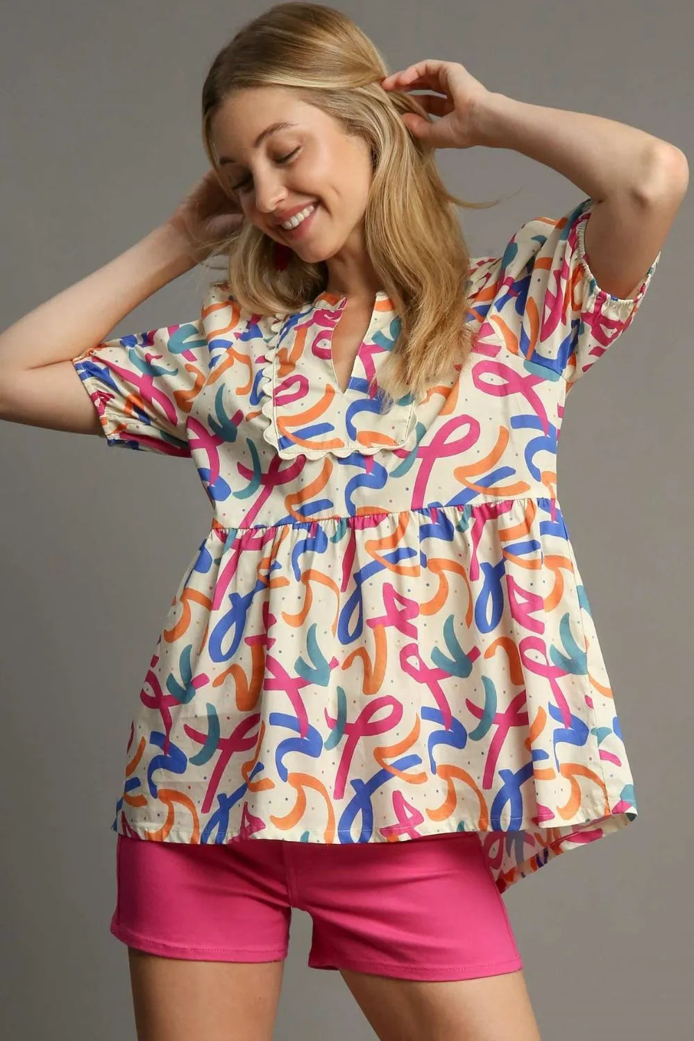Umgee Full Size Mixed Print Puff Sleeve Babydoll Blouse Plus Size - Premium Dresses from Trendsi - Just $51.99! Shop now at Handbags Specialist Headquarter