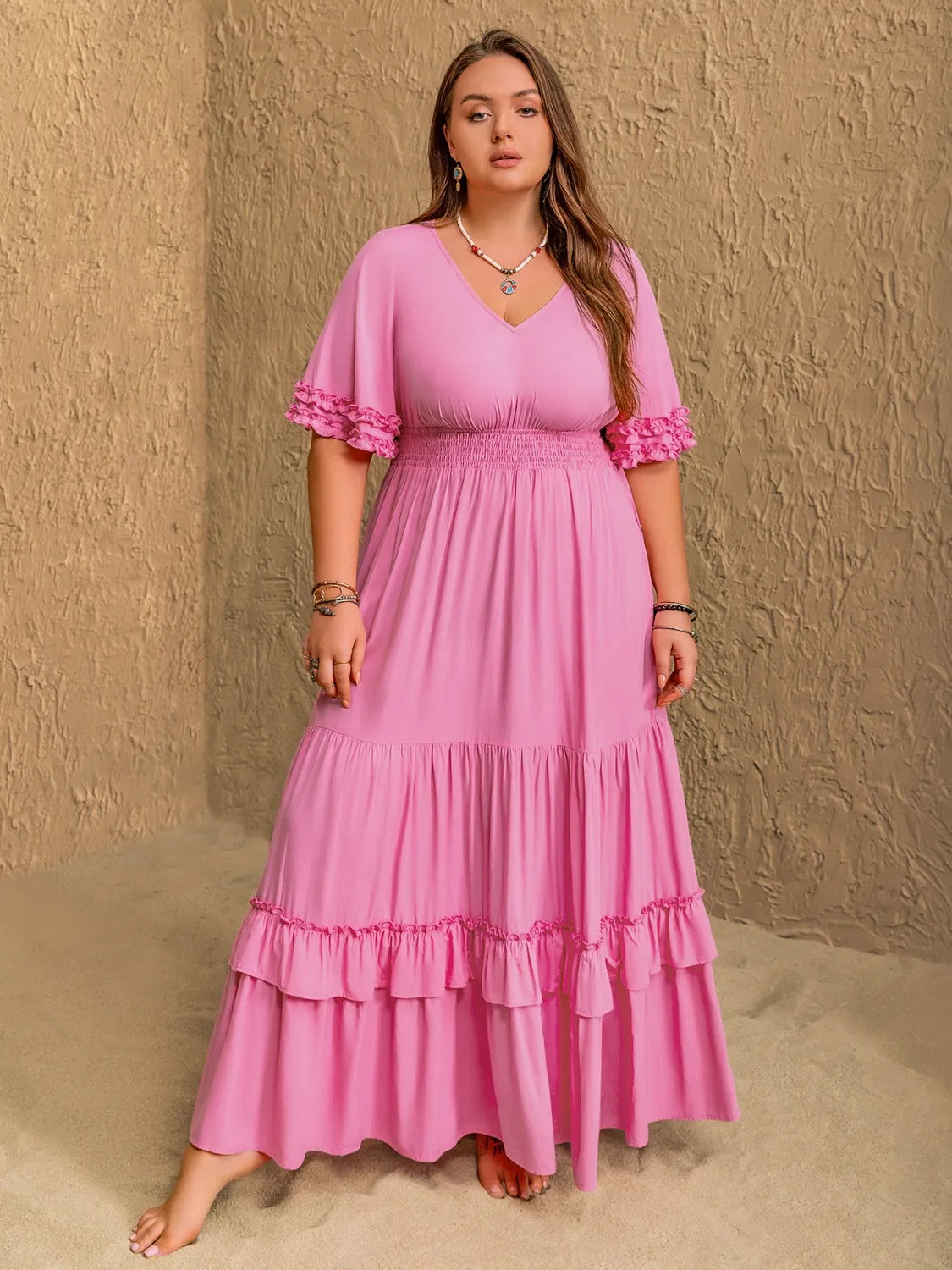 Plus Size V-Neck Half Sleeve Maxi Dress - Premium Dresses from Trendsi - Just $48.99! Shop now at Handbags Specialist Headquarter