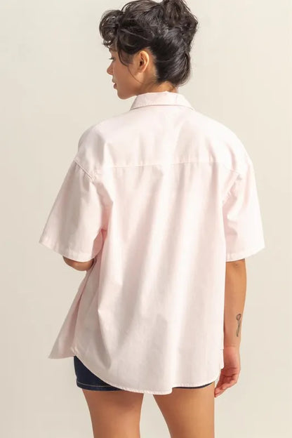 HYFVE Short Sleeve Button Down Oversized Shirt - Premium Women's Down Shirt Tops from Trendsi - Just $34.34! Shop now at Handbags Specialist Headquarter