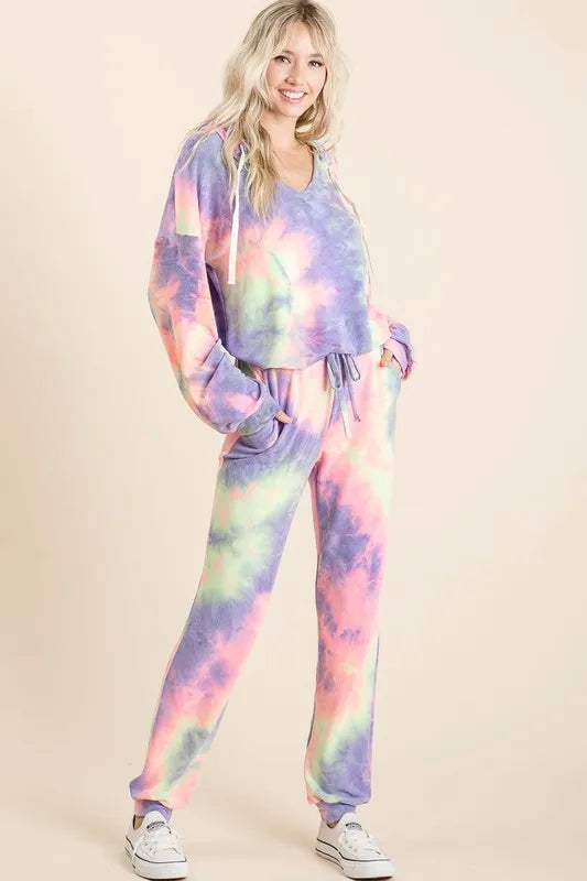 BiBi Tie Dye French Terry Top and Bottom Set - Premium  from Trendsi - Just $28.99! Shop now at Handbags Specialist Headquarter