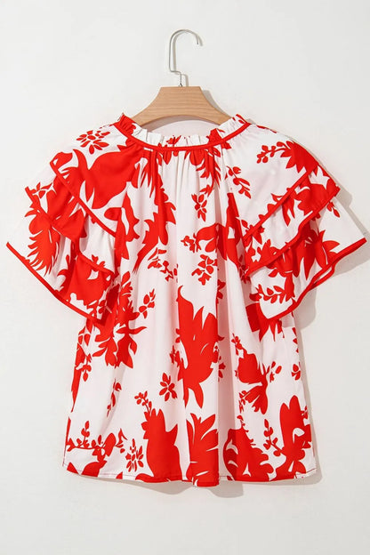 Plant Print Tiered Ruffled Sleeve Tie Neck Blouse - Premium Tops from Trendsi - Just $26.02! Shop now at Handbags Specialist Headquarter