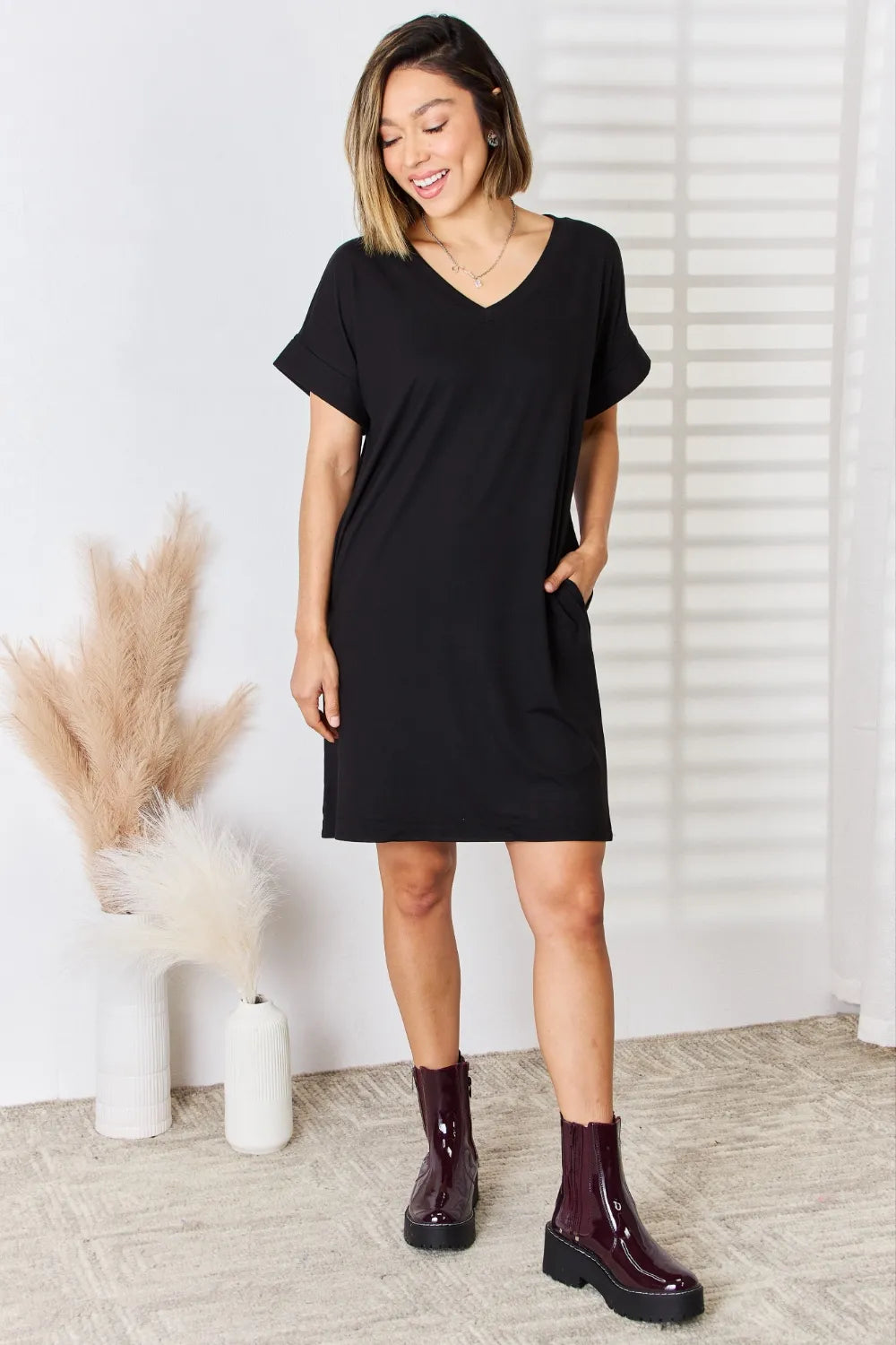 Zenana Full Size Rolled Short Sleeve V-Neck Dress - Premium Dresses from Trendsi - Just $22.99! Shop now at Handbags Specialist Headquarter