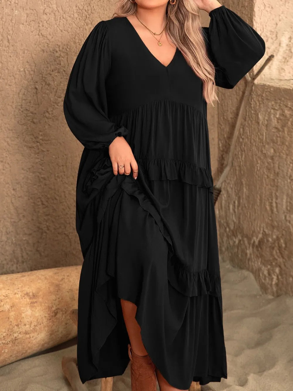 Plus Size Ruffled V-Neck Long Sleeve Dress - Premium Dresses from Trendsi - Just $46.99! Shop now at Handbags Specialist Headquarter