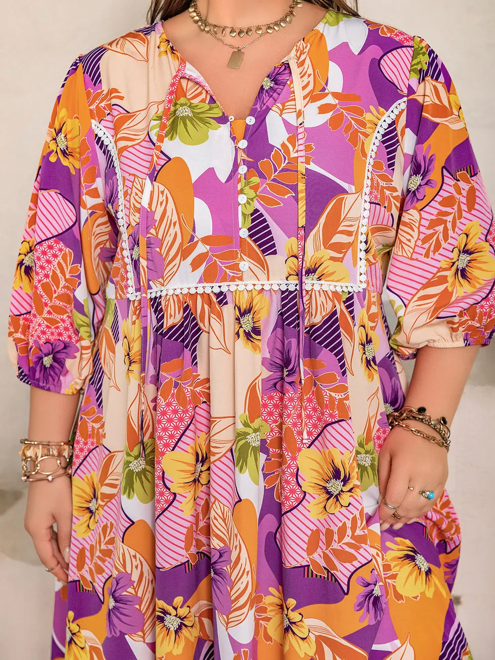 Plus Size Printed Tie Neck Maxi Dress - Premium Dresses from Trendsi - Just $46.99! Shop now at Handbags Specialist Headquarter