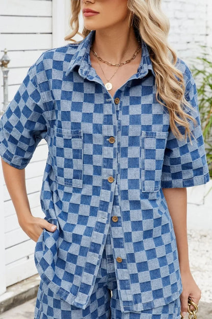 Button Down Checkered Denim Shirt - Premium Women / Jeans & Denim from Trendsi - Just $36! Shop now at Handbags Specialist Headquarter