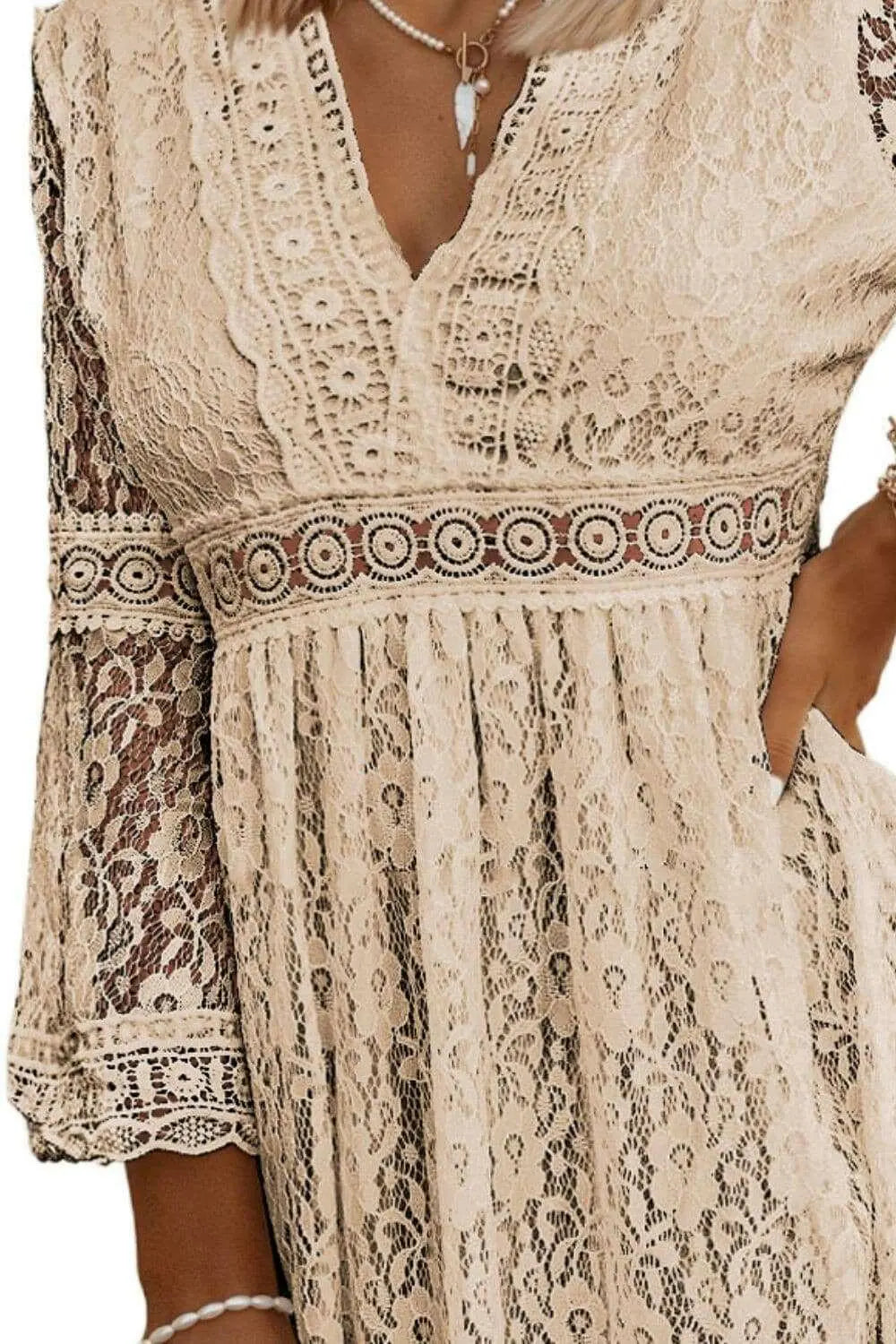 Lace V-Neck Three-Quarter Sleeve Dress.
